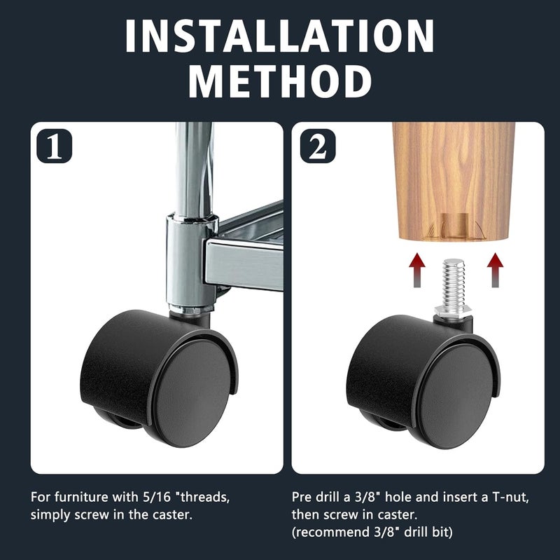 ANDUTEES 2 Inch Furniture Stem Casters Set of 4, Threaded Stem Diameter 5/16" Plastic Caster Wheels, Black Swivel Small Castors with T-Nuts, for Table, Cabinet, Storage Rack - Image 3